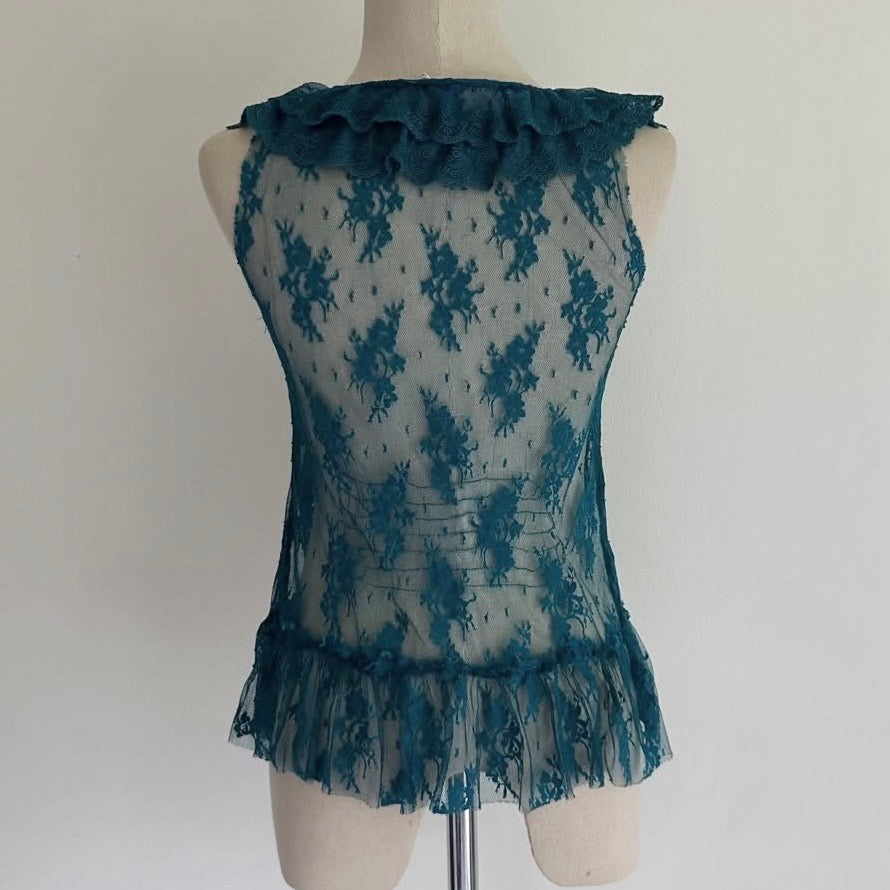 Ruffled sheer lace vest top