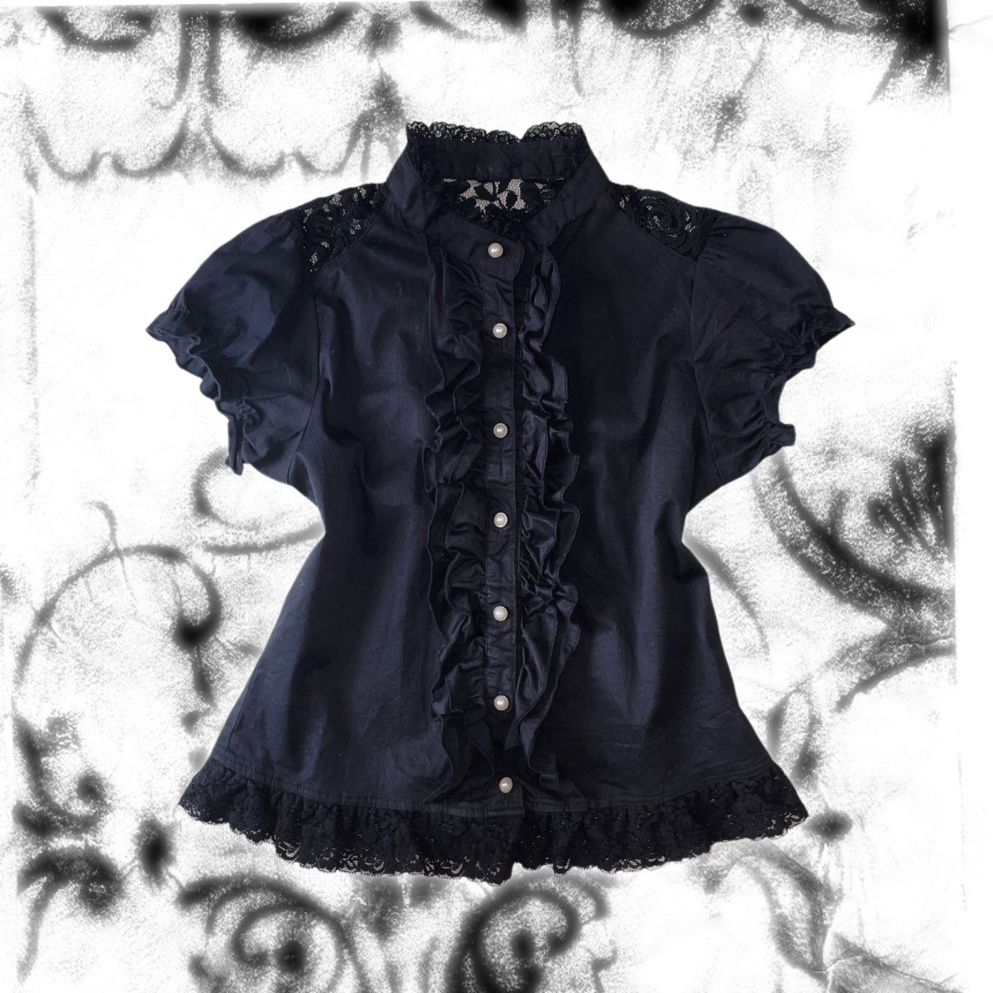 Gothic Black lace shirt and Black lace layered skirt set