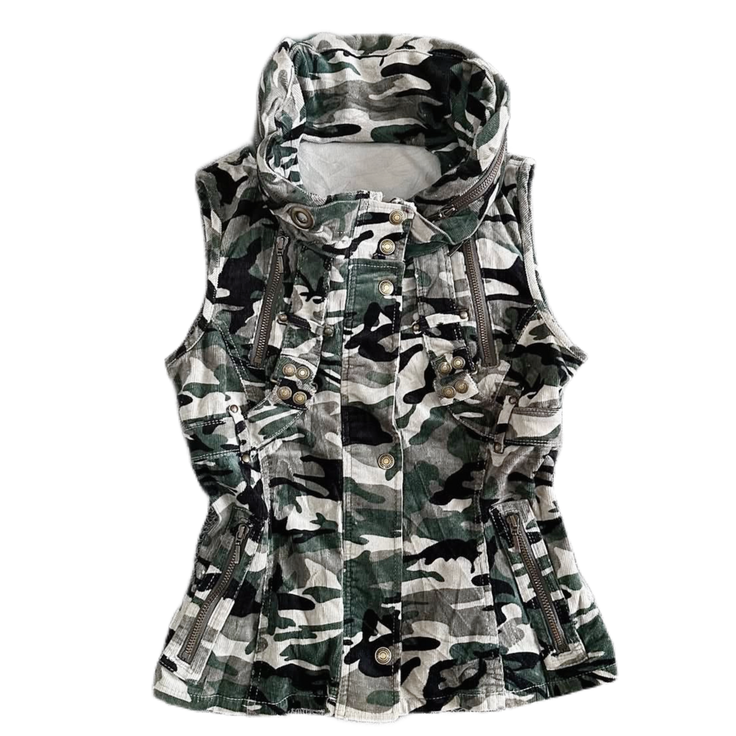 Camo zip up buttons vest with hat