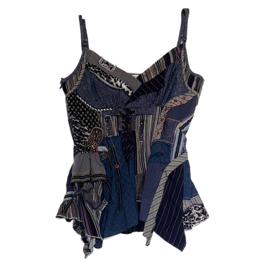 Denim embroidered patchwork tank