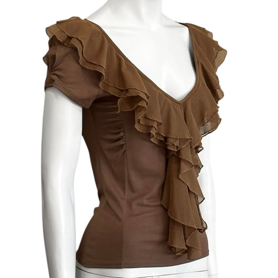 Brown ruffle collar top