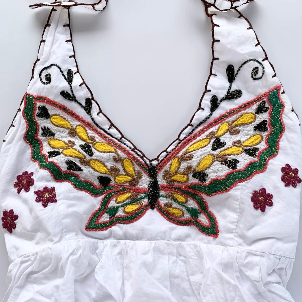 Embroidered glittering butterfly halter neck top