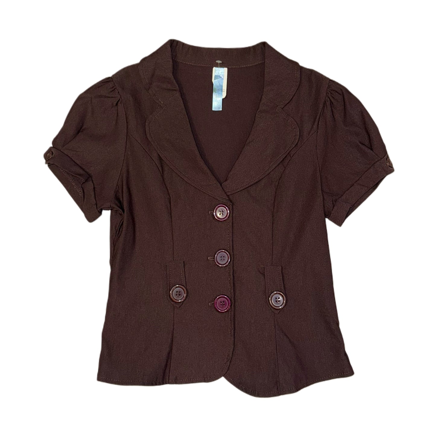 Brown shirt with purple buttons