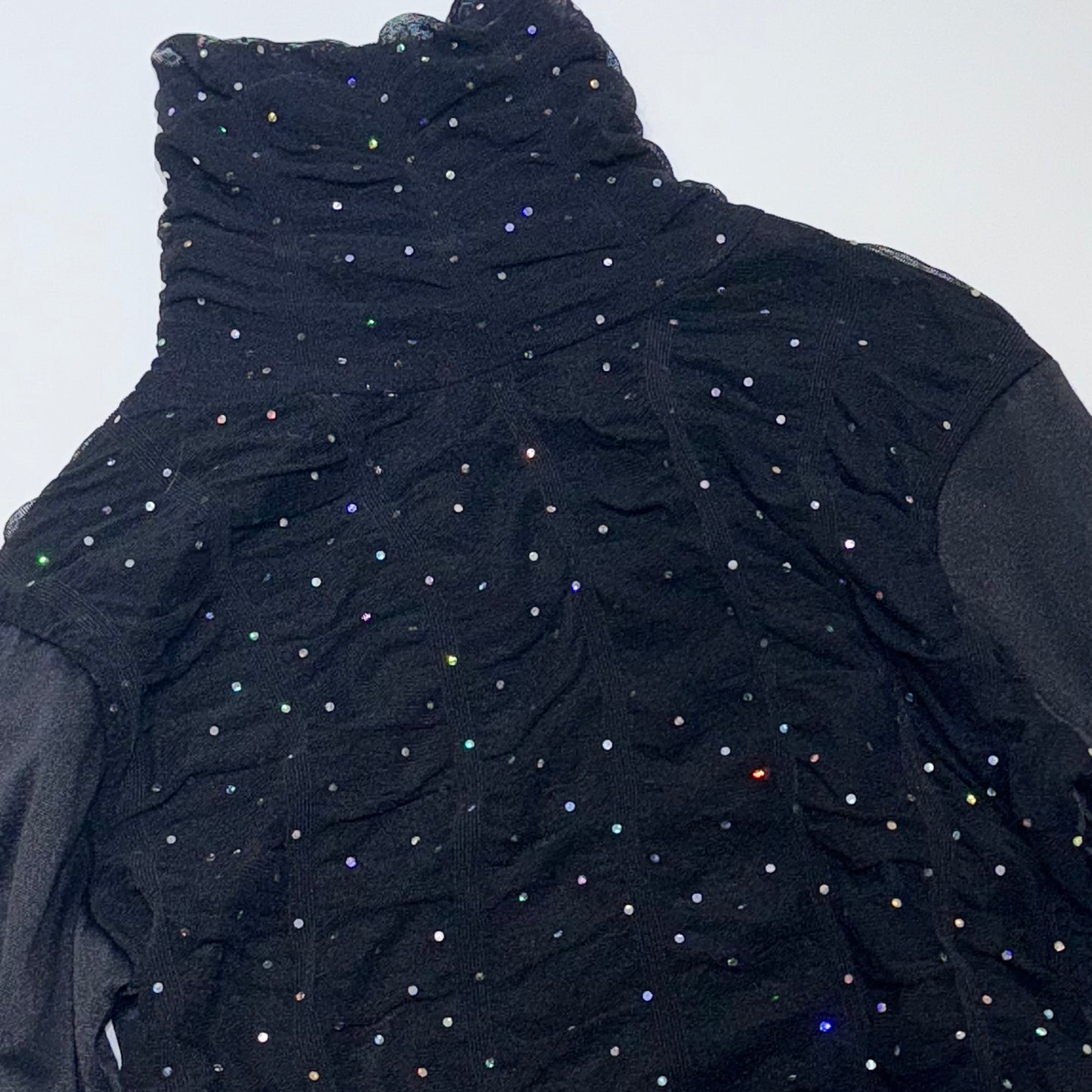 Black polka dots glittering turtle neck mesh long sleeve