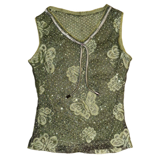 Olive green butterfly sheer mesh sparkle top
