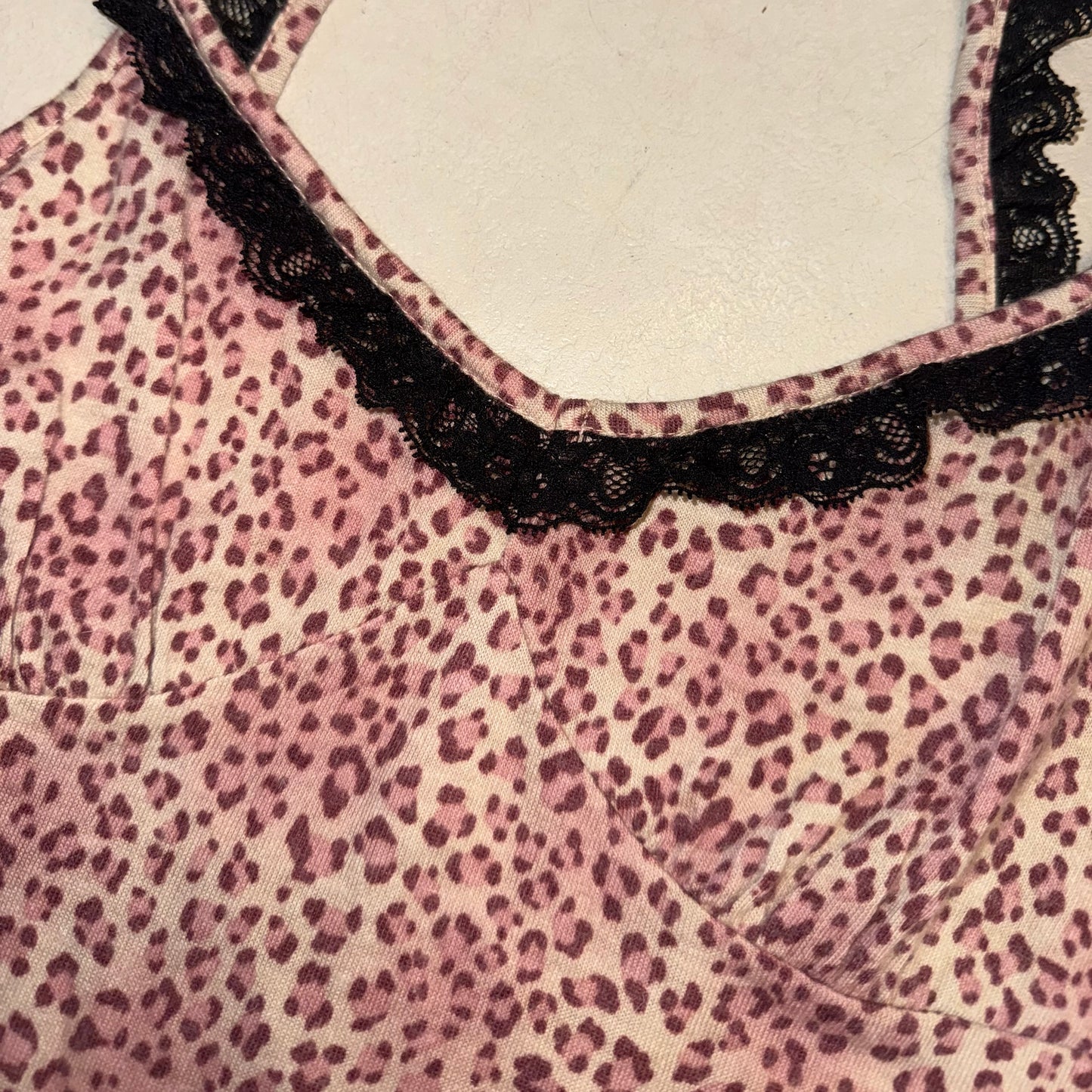 Pink leopard print black lace trim tank
