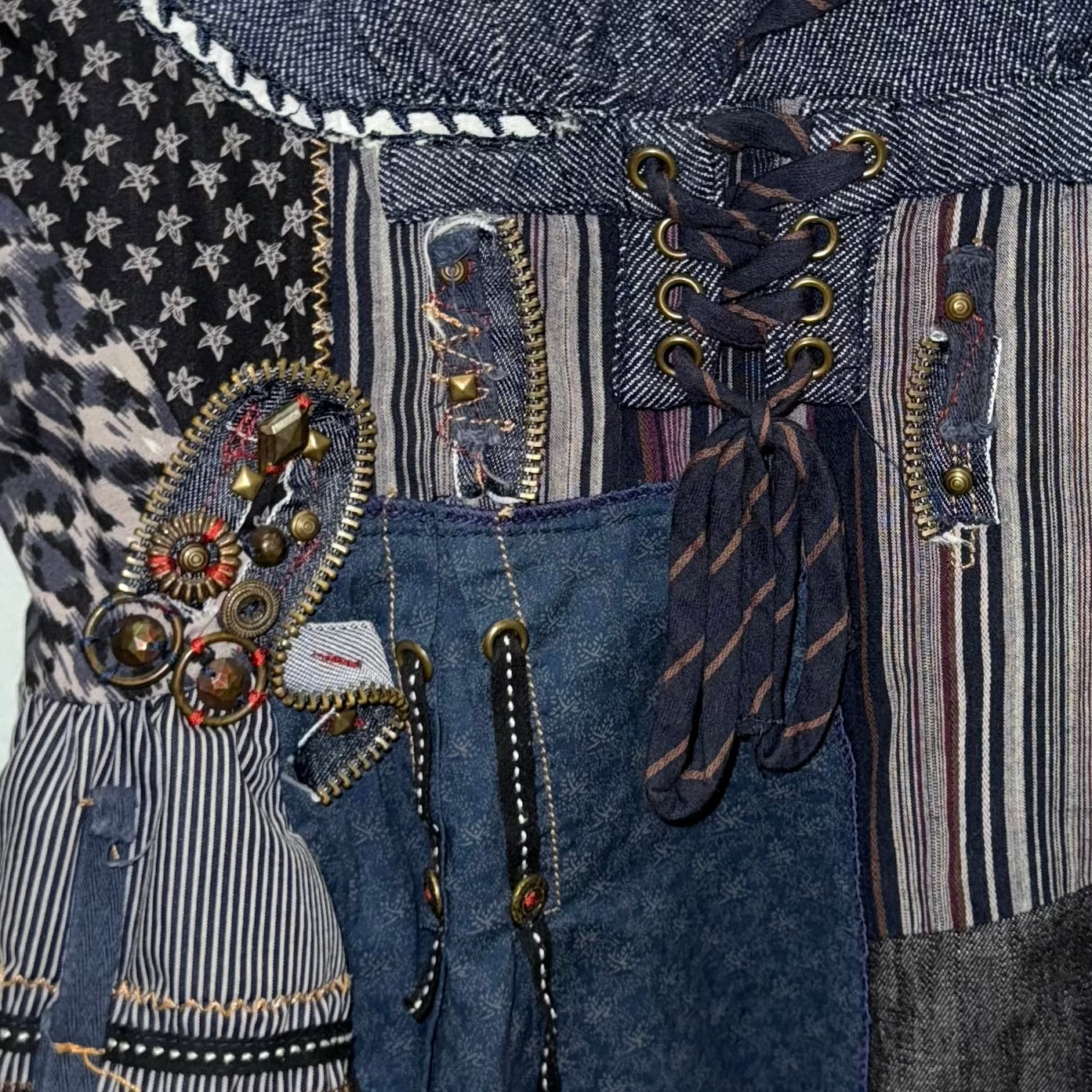 Denim embroidered patchwork tank