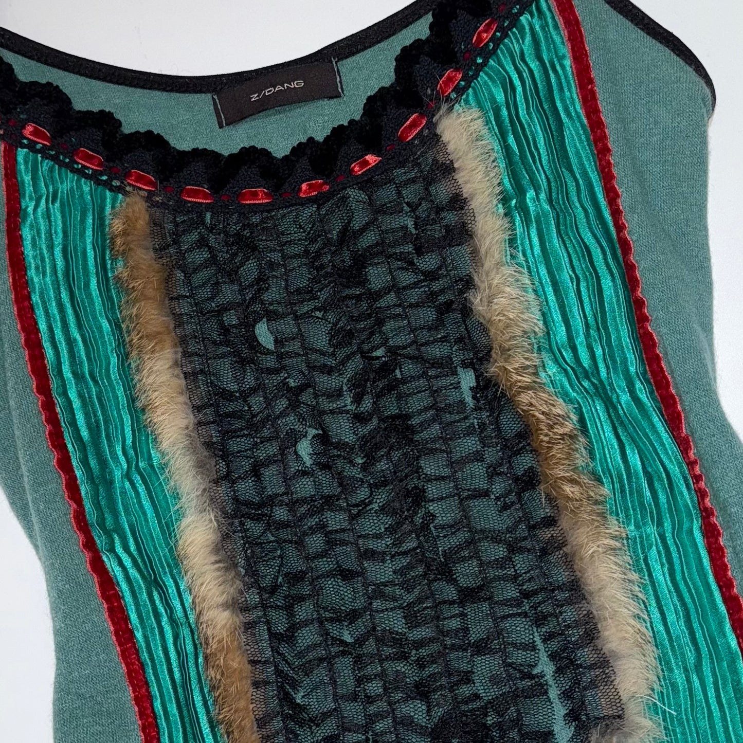 Green furry lace patchwork tank