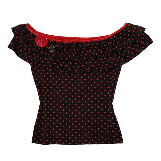 Red polka dot off shoulder top with big button details
