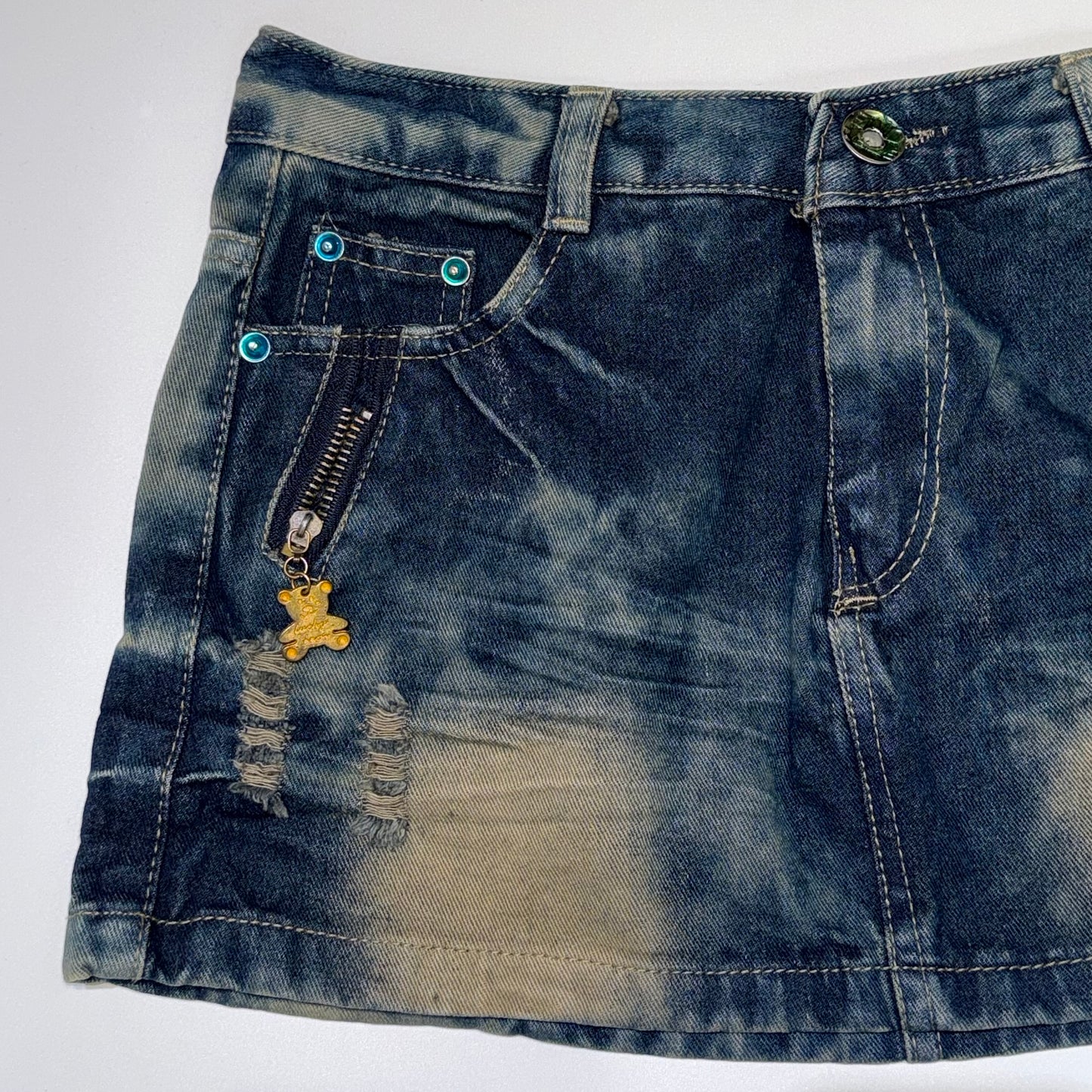 Moder rhinestones denim mini skirt with bear charm detail