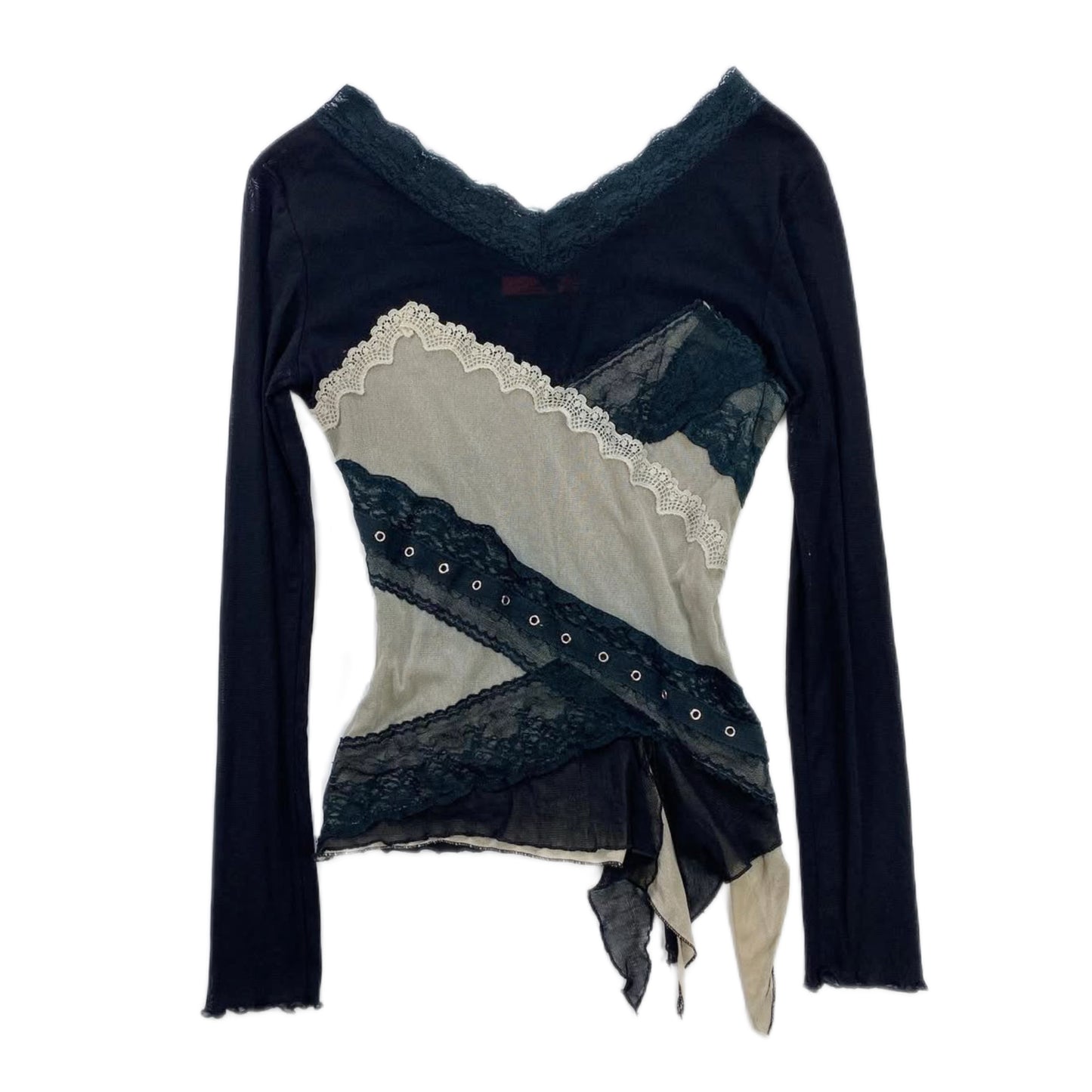 V-back patchwork black lace mesh long sleeves