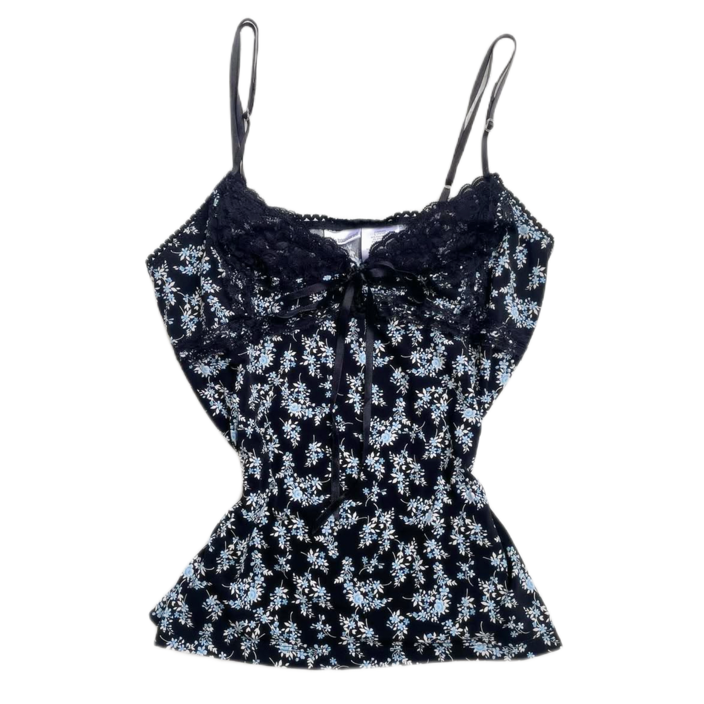 Blue floral black lace tank