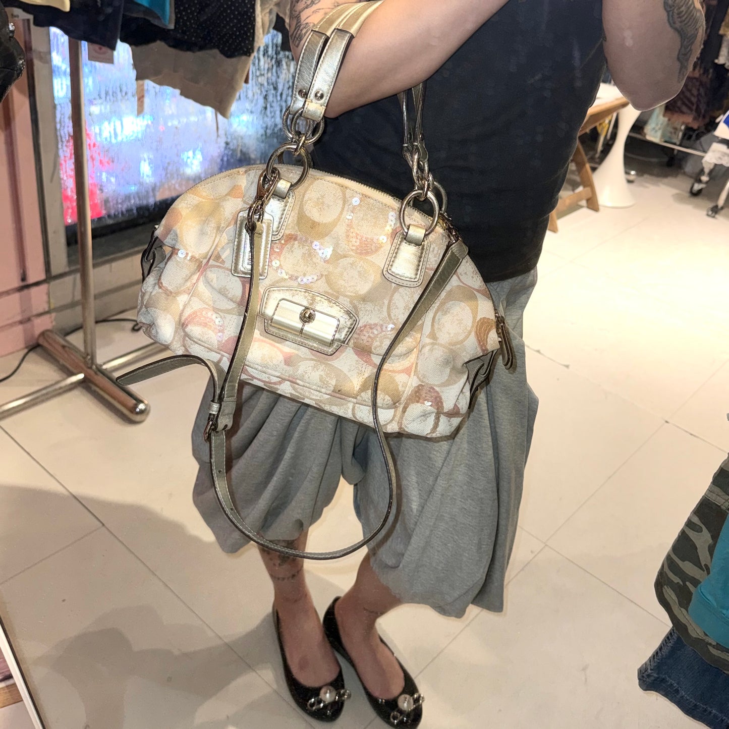 Coach beige pink embroidered 2way bag