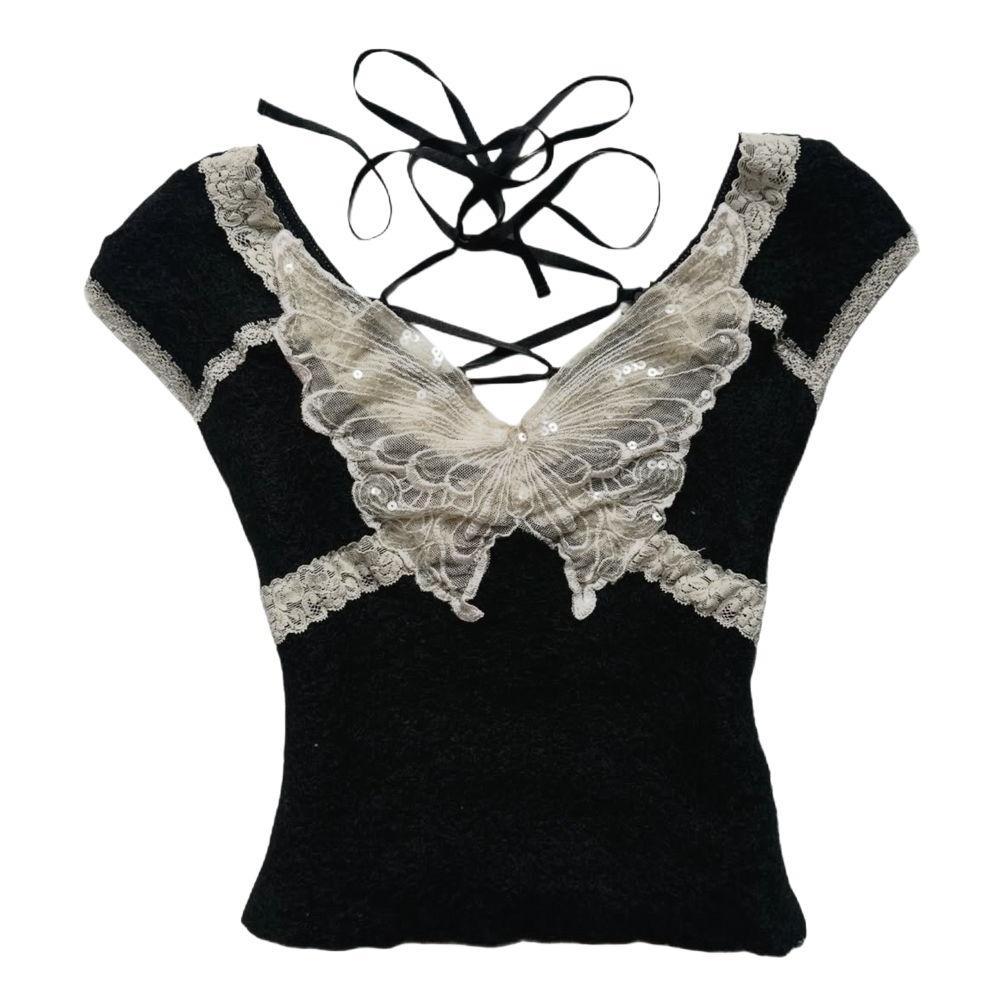 Embroidered butterfly black layered top