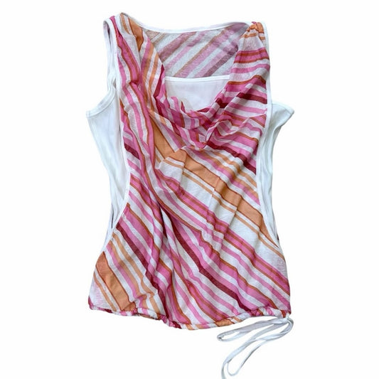 Pink striped mesh layered top