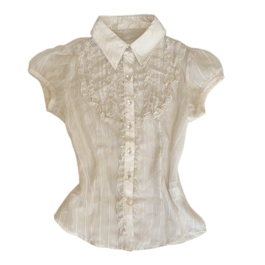 Ivory ruffle mesh shirt with scarf