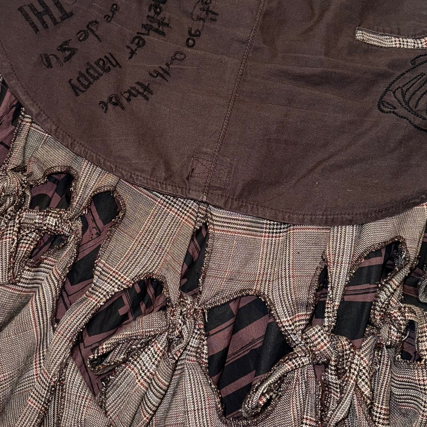 Desigual brown checker layered uneven hem skirt with embroidery details