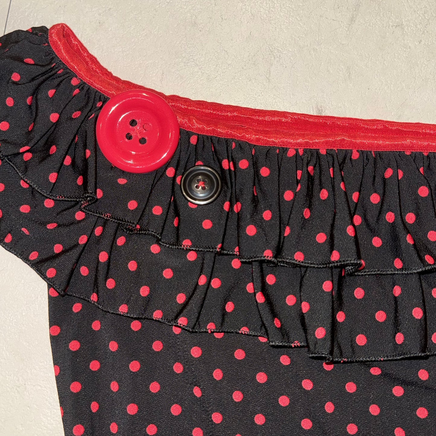 Red polka dot off shoulder top with big button details