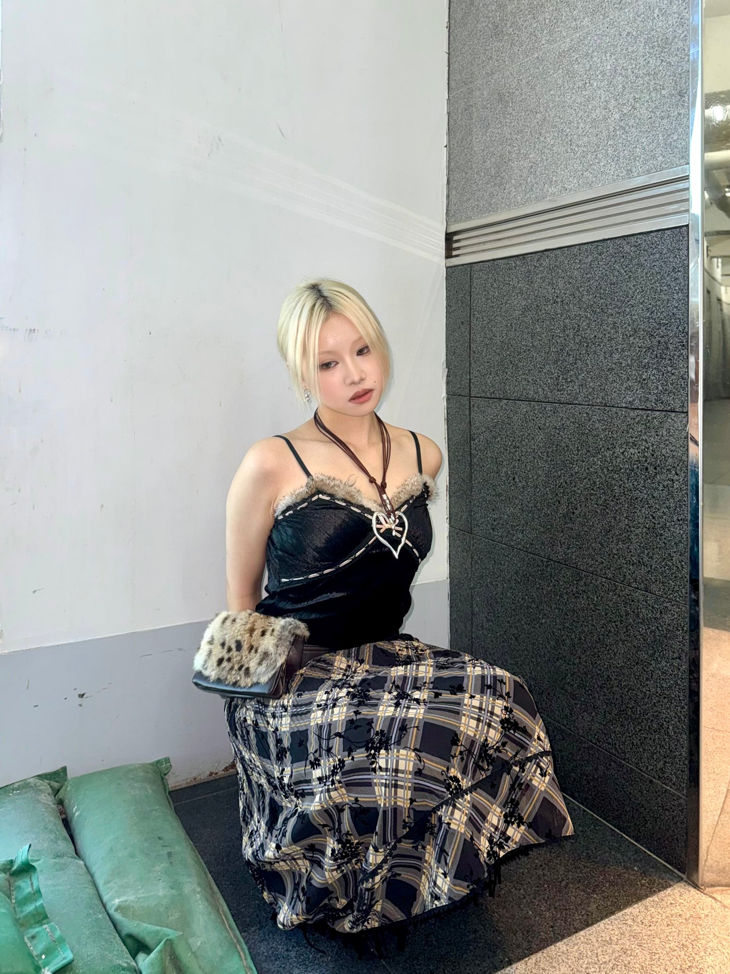 Checkered floral skirt