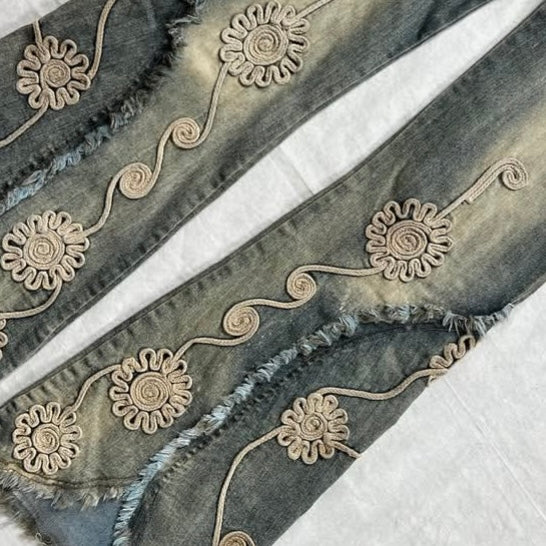 Washed denim embroidered flares