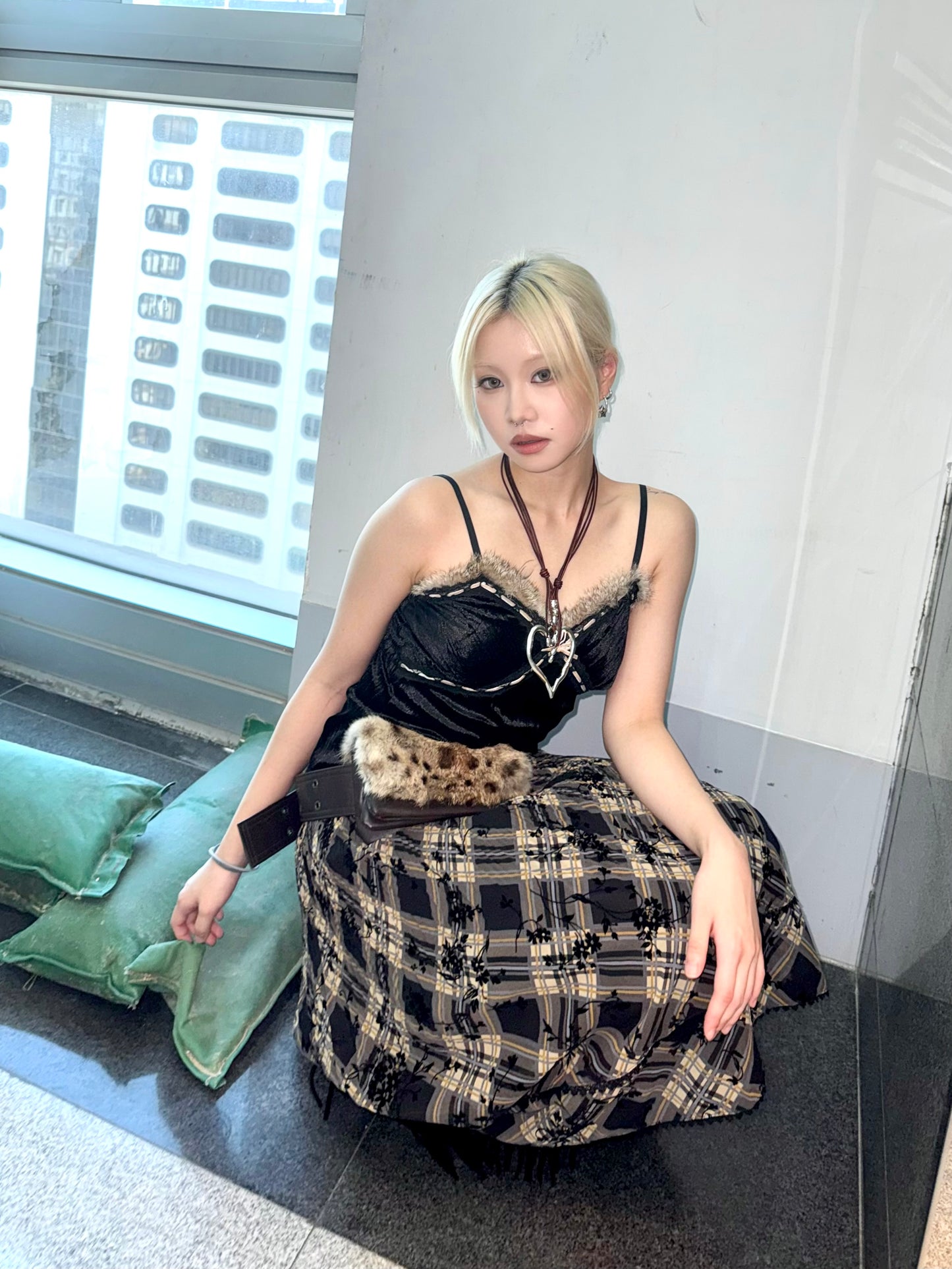 Checkered floral skirt