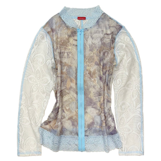 Lace graphic zipper shirt