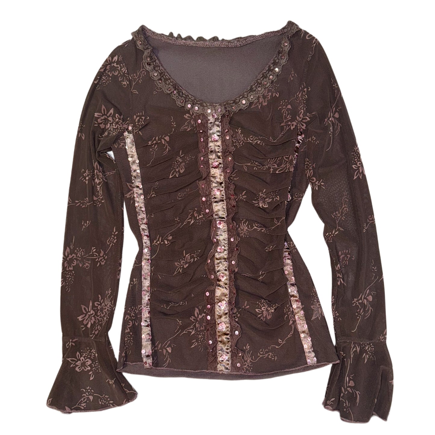 Floral lace trim mesh long sleeve