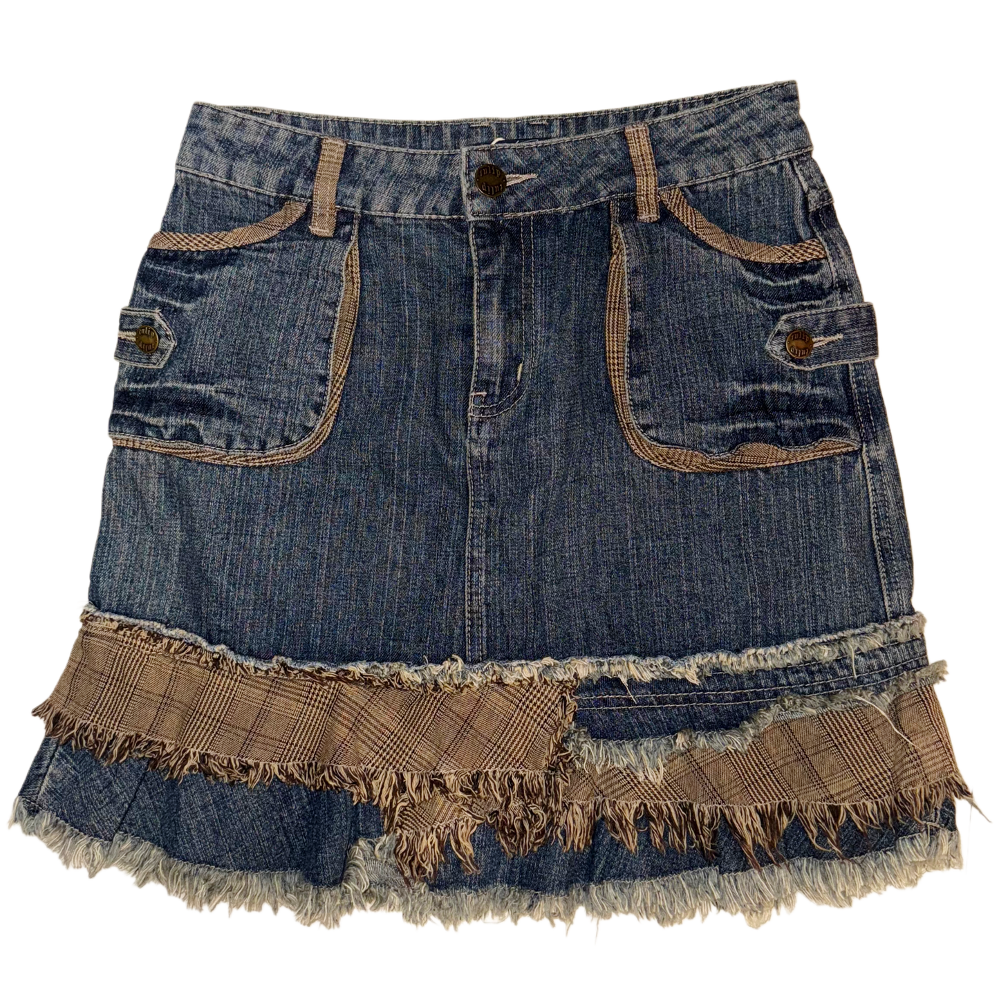 Denim brown checkered frayed edges skirt