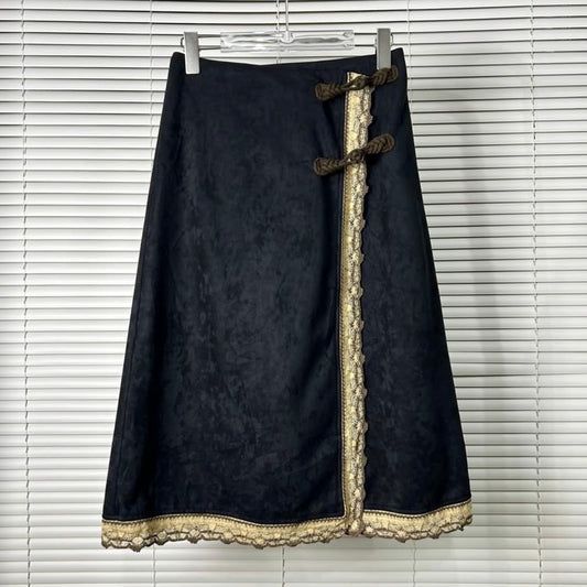 Black suede lace trim skirt