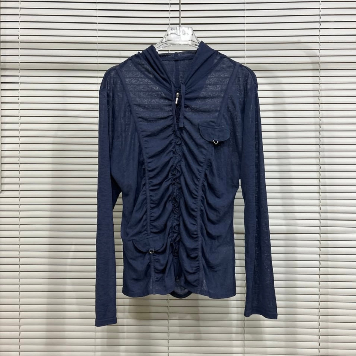 Indigo ruffle mesh zip up hoodie