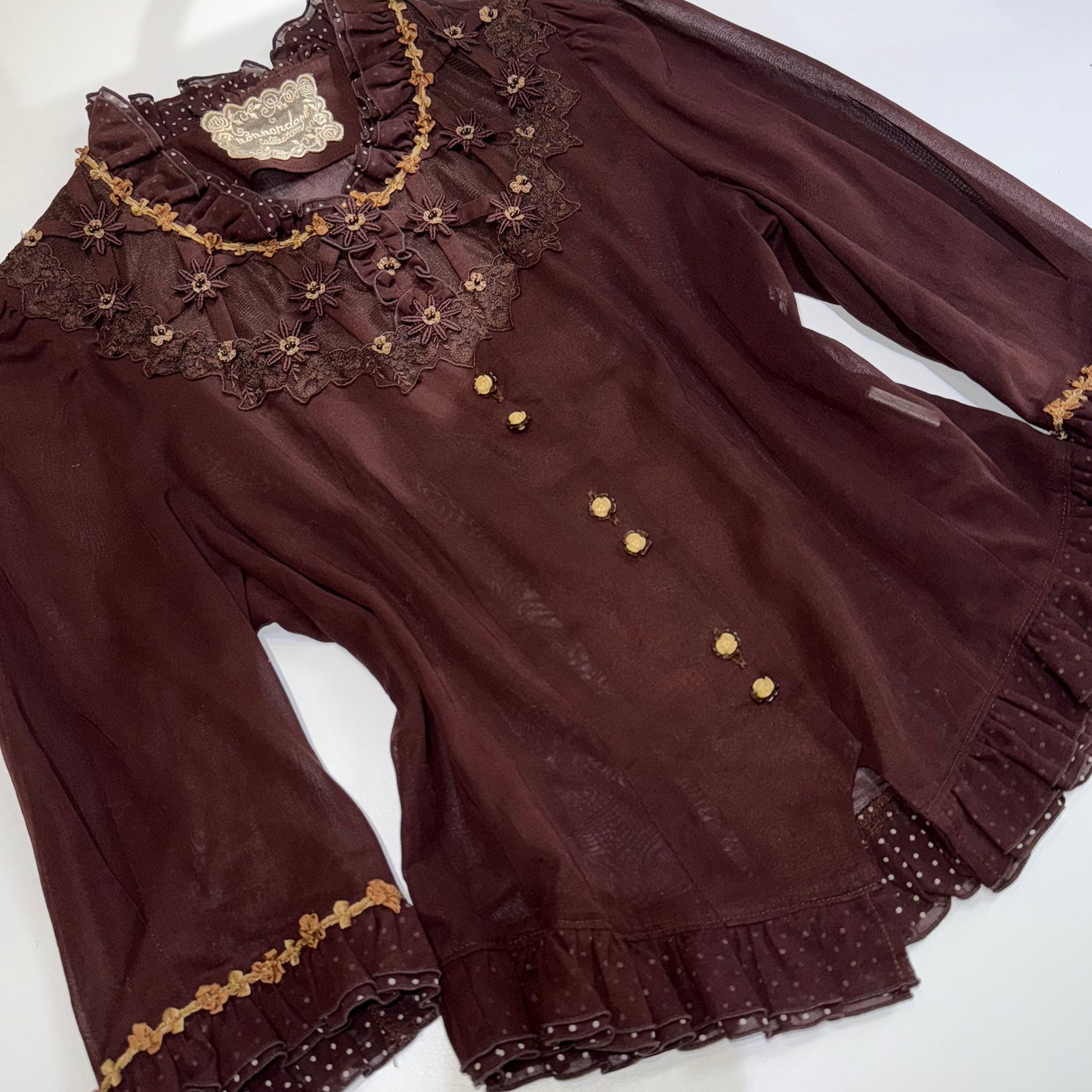 Brown floral polka dot mesh shirt