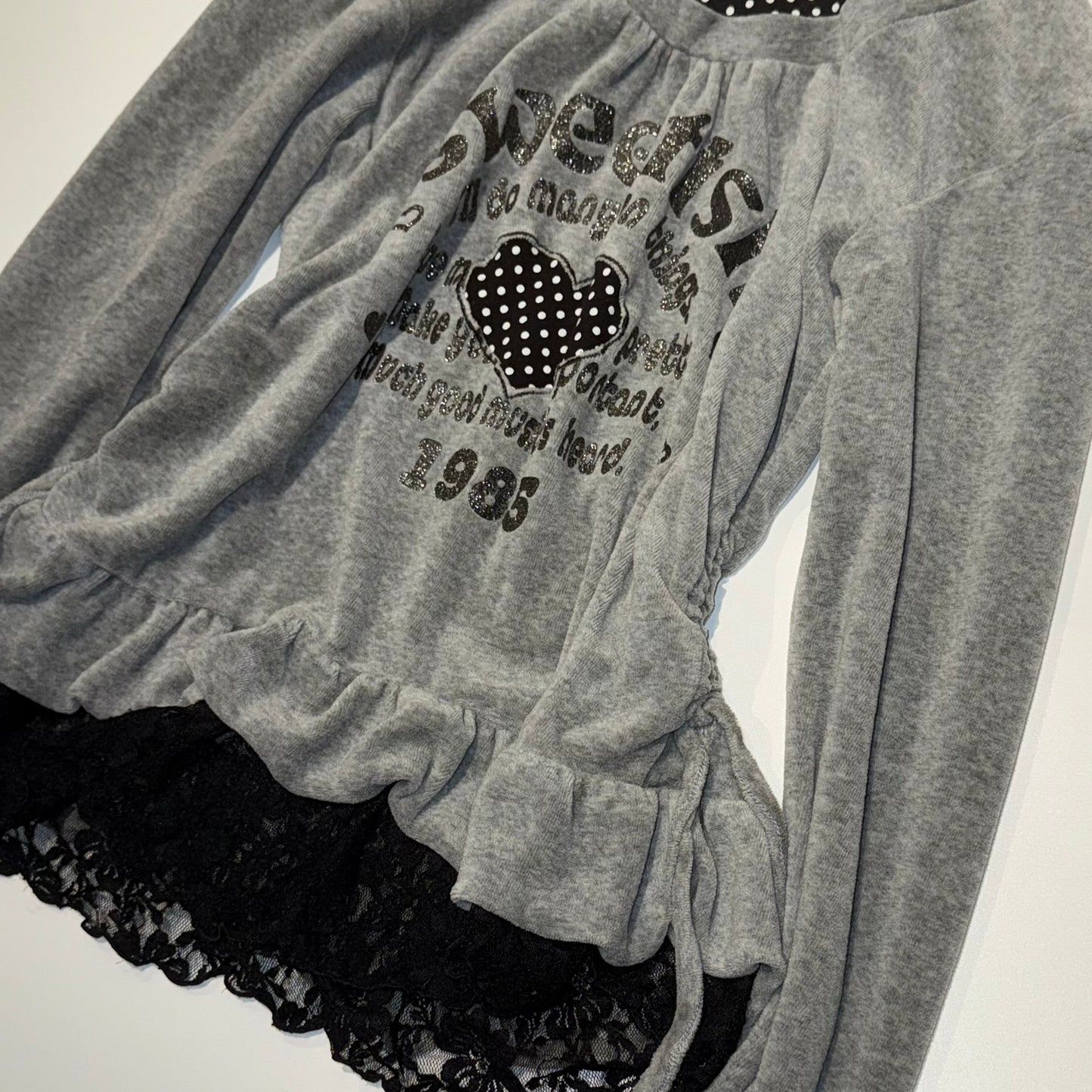 Grey sweetish black lace polka dots long sleeve