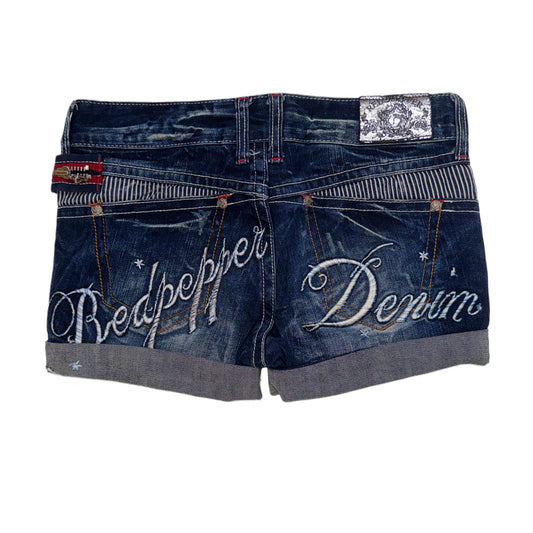 Red pepper embroidered denim shorts