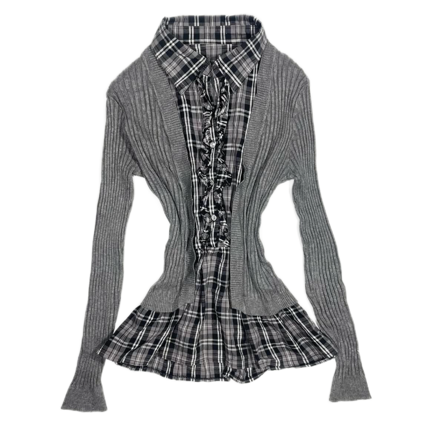 Grey knit layered checkered shirt