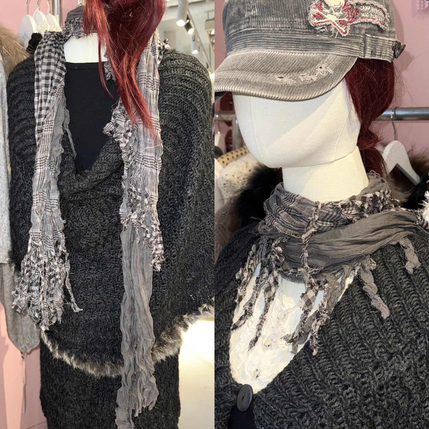 Grey black checkered scarf with frayed edges