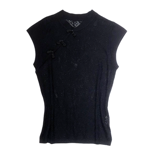 Chinese button black lace top