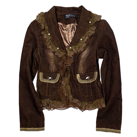 Brown washed embroidered corduroy jacket with lace