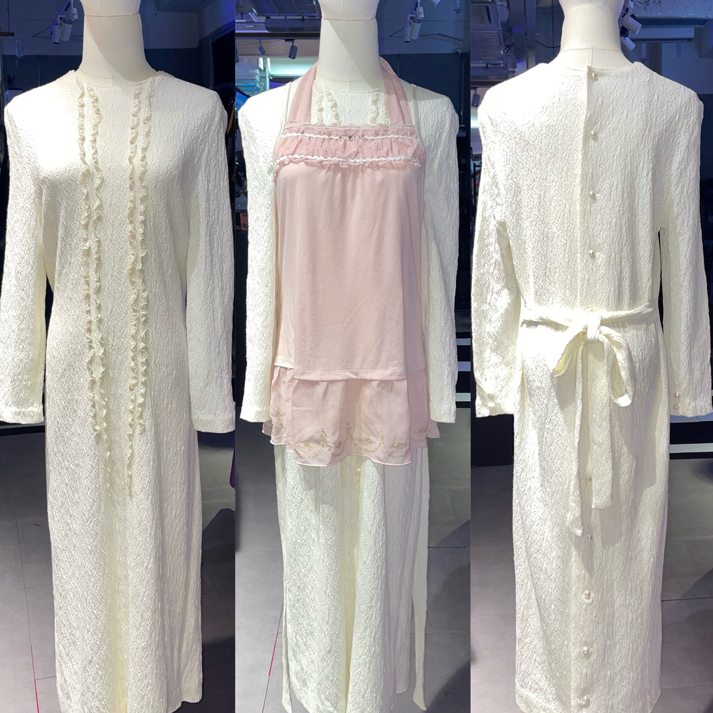 Axes baby pink lace tank with beige lace pearls long dress set