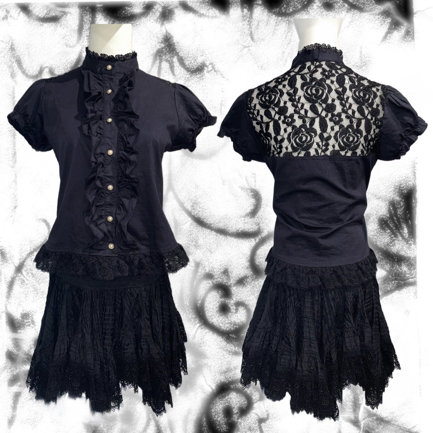 Gothic Black lace shirt and Black lace layered skirt set