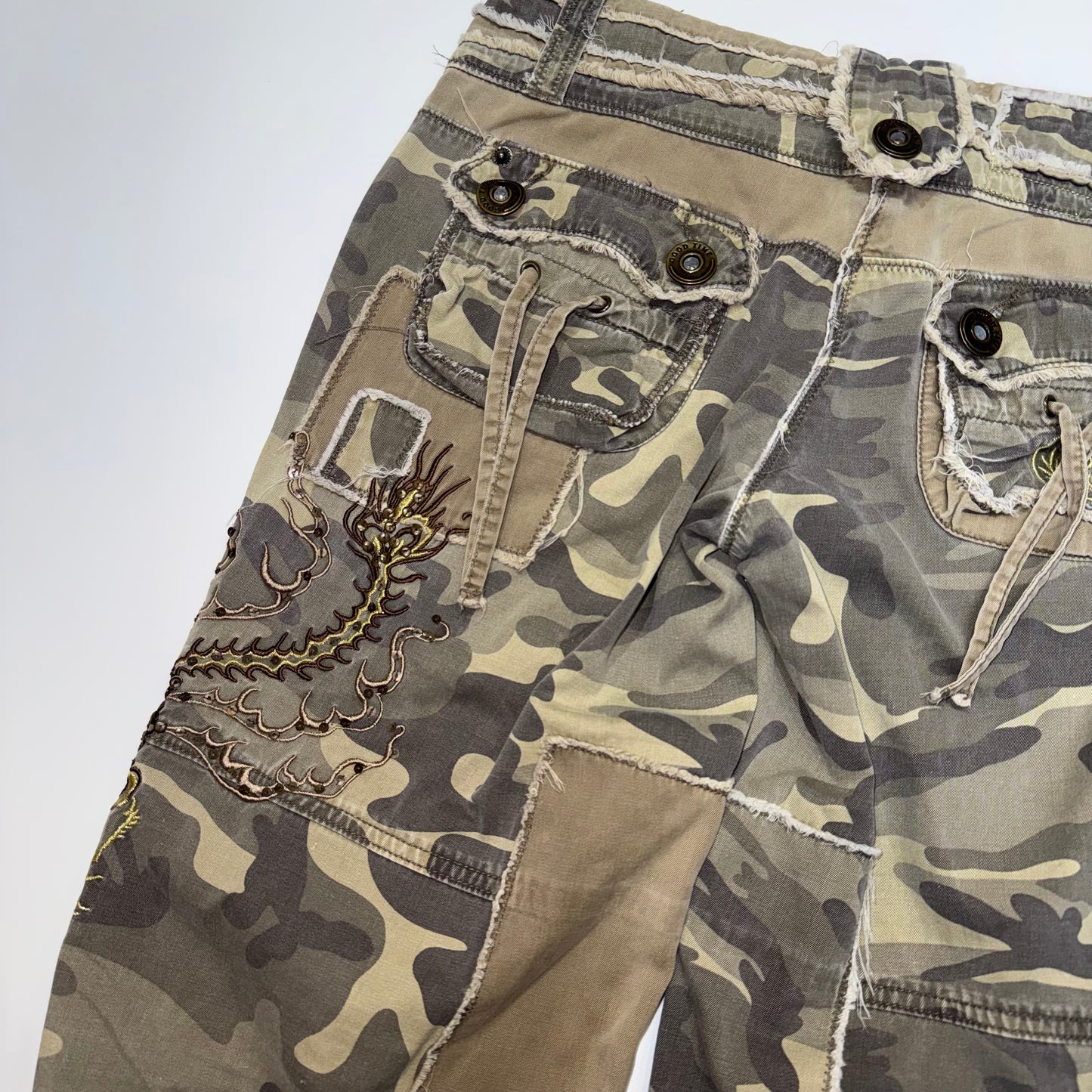 Good Time embroidered dragon camo jorts
