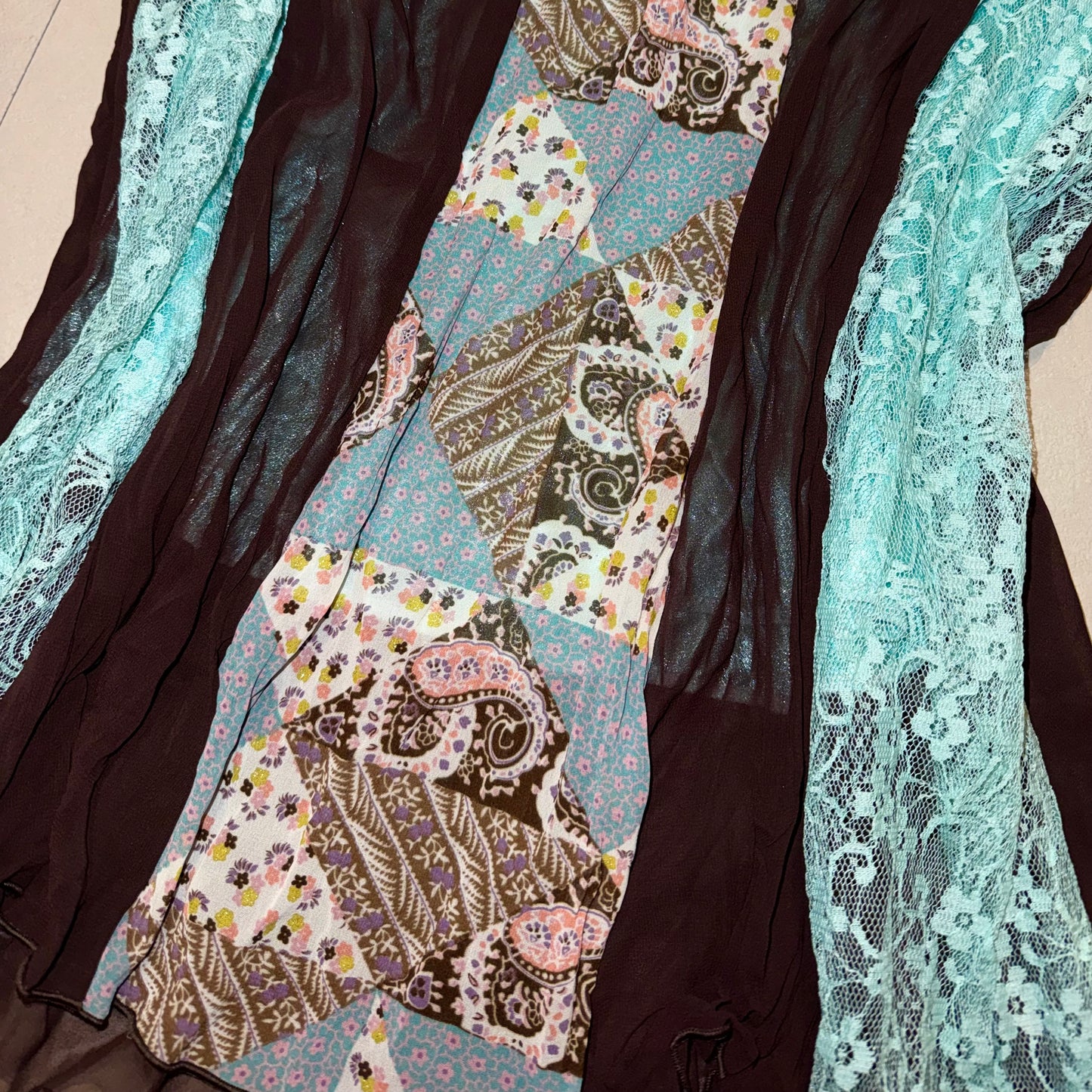 Tiffany blue brown lace embroidered patchwork tank