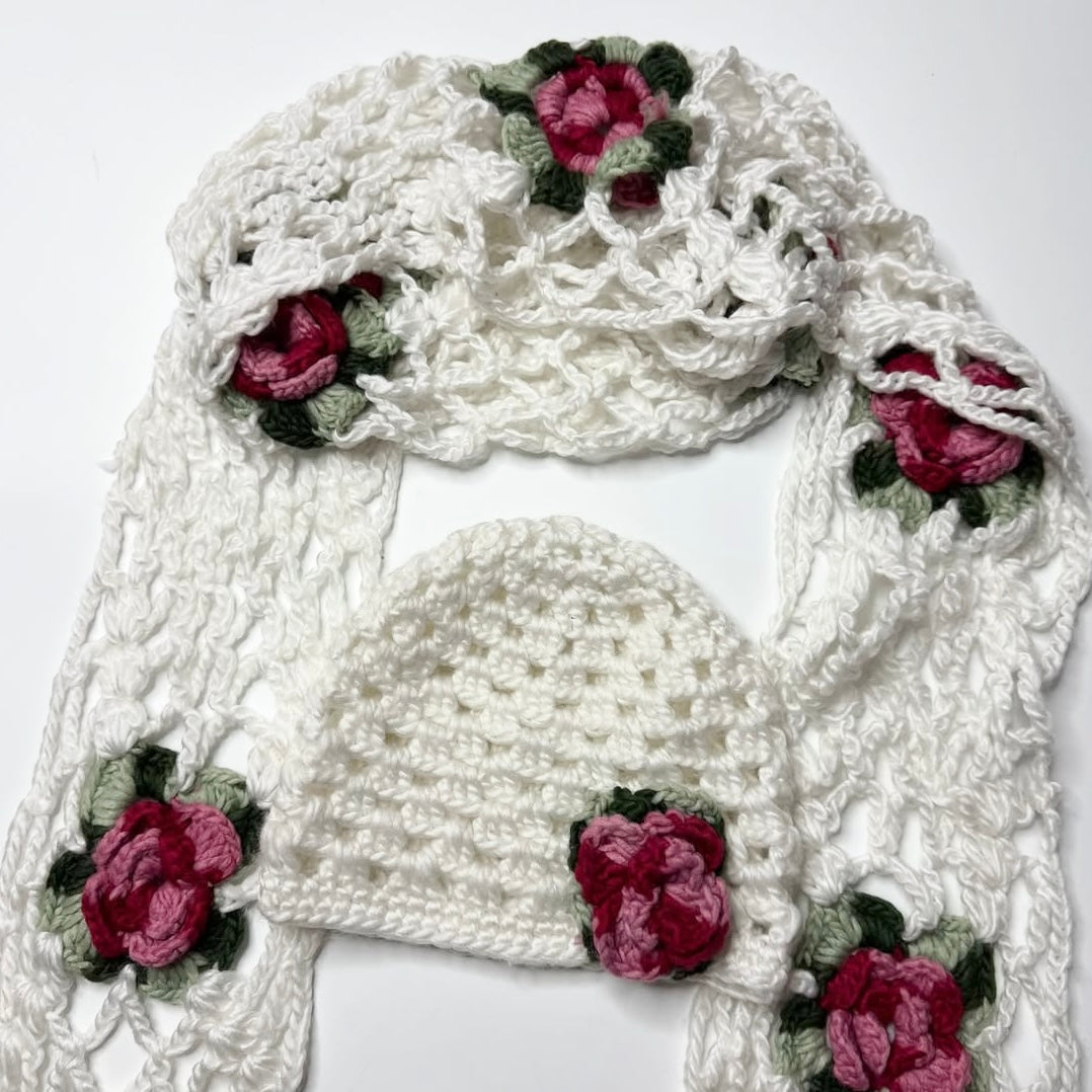 White knit roses scarf/ beanie