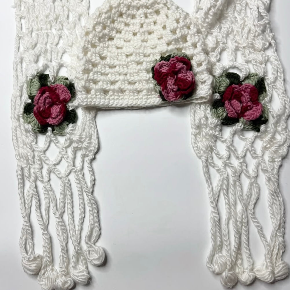 White knit roses scarf/ beanie