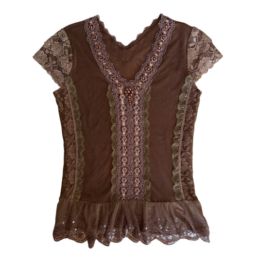 Brown lace beaded top
