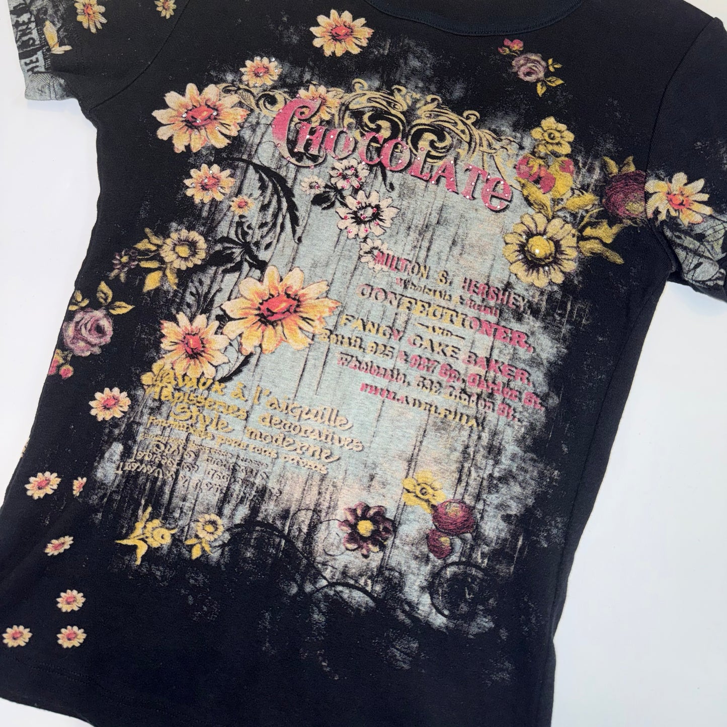 Black floral rhinestones top