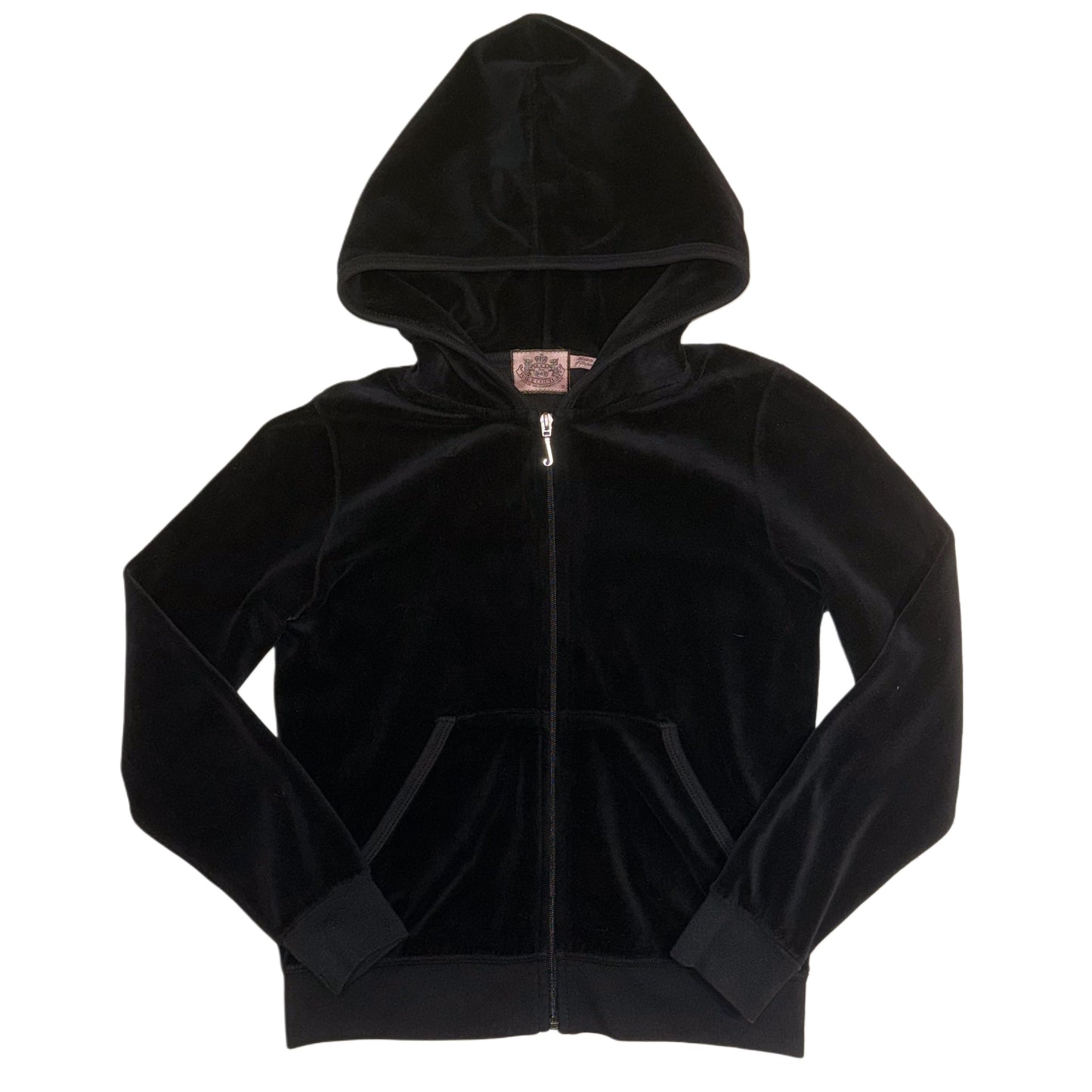 Juicy Couture black velvet zip up hoodie with “pink Juicy dog” graphic