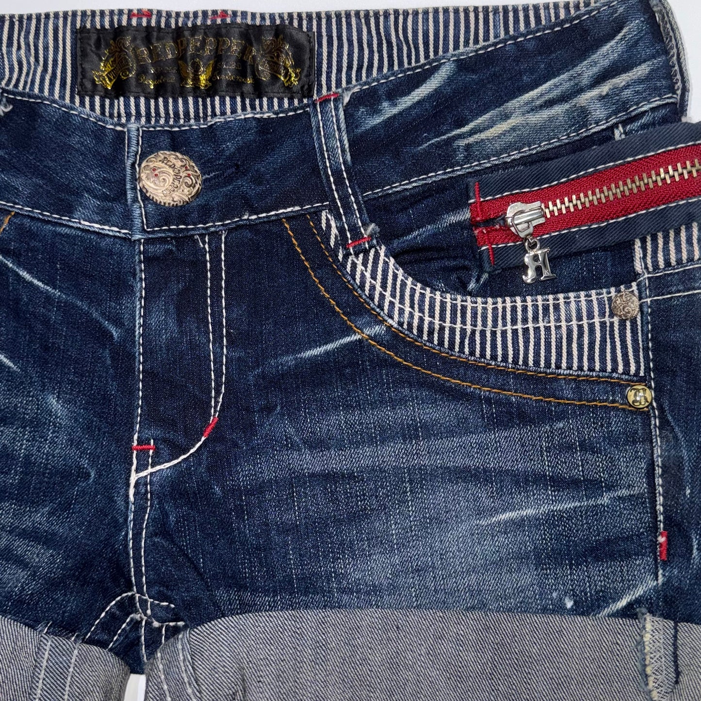 Red pepper embroidered denim shorts