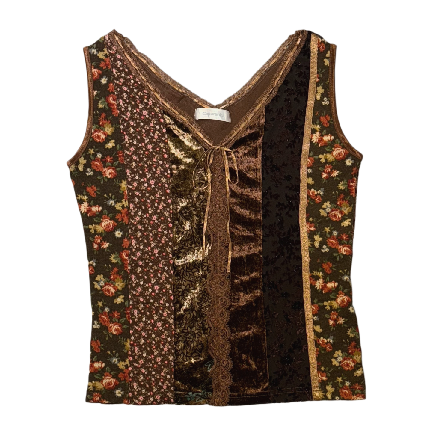 Brown floral velvet lace patchwork top