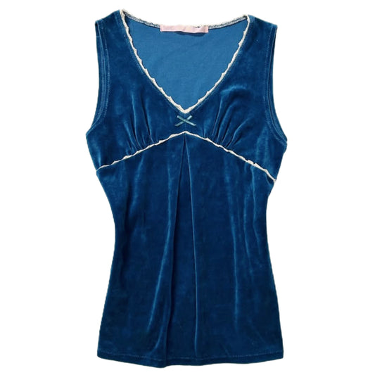 Navy velvet lace trim top