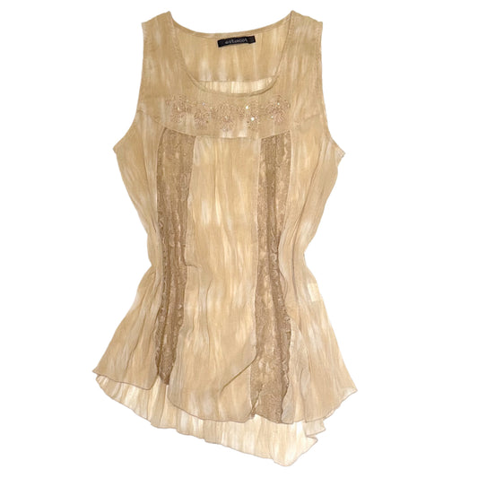 Beige embroidered lace mesh top
